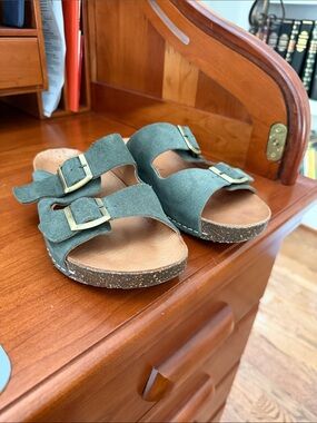 Donna Karan Green Suede Double-Buckle Slide Sandals